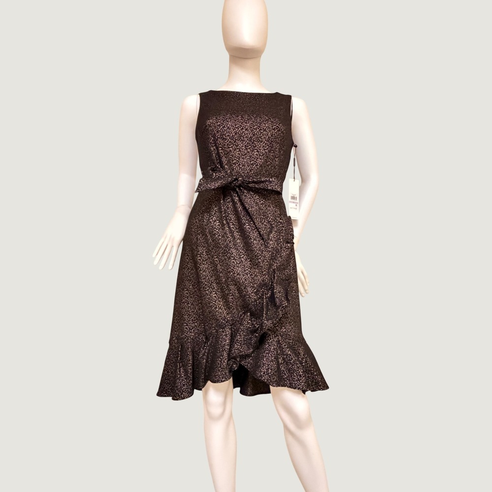 NWT Calvin Klein Womens Metallic Jacquard Ruffle High-Low Dress Black Gold 6
